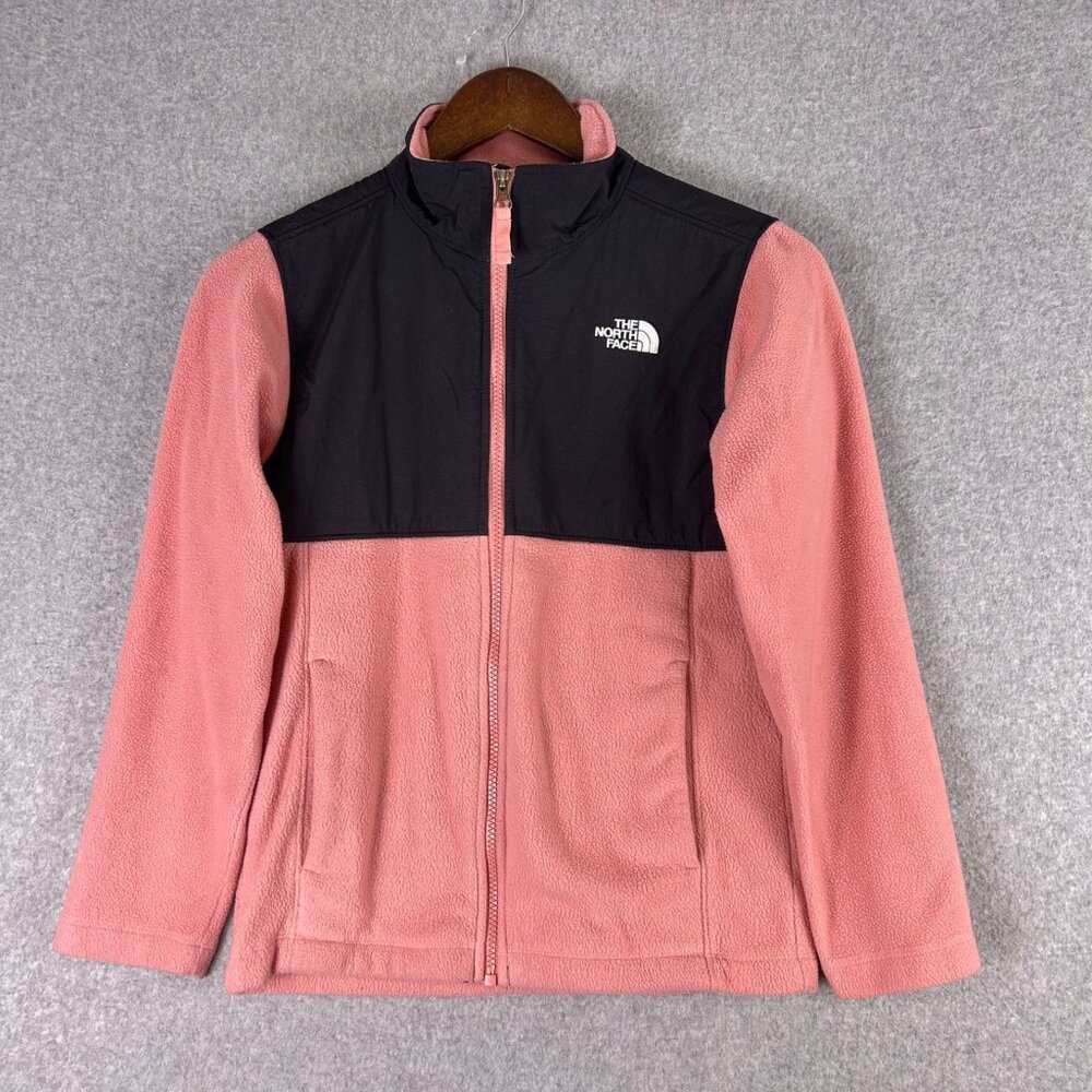 The North Face Sweater Girls Medium Pink Black Fleece Jacket Zip Cozy Outdoors